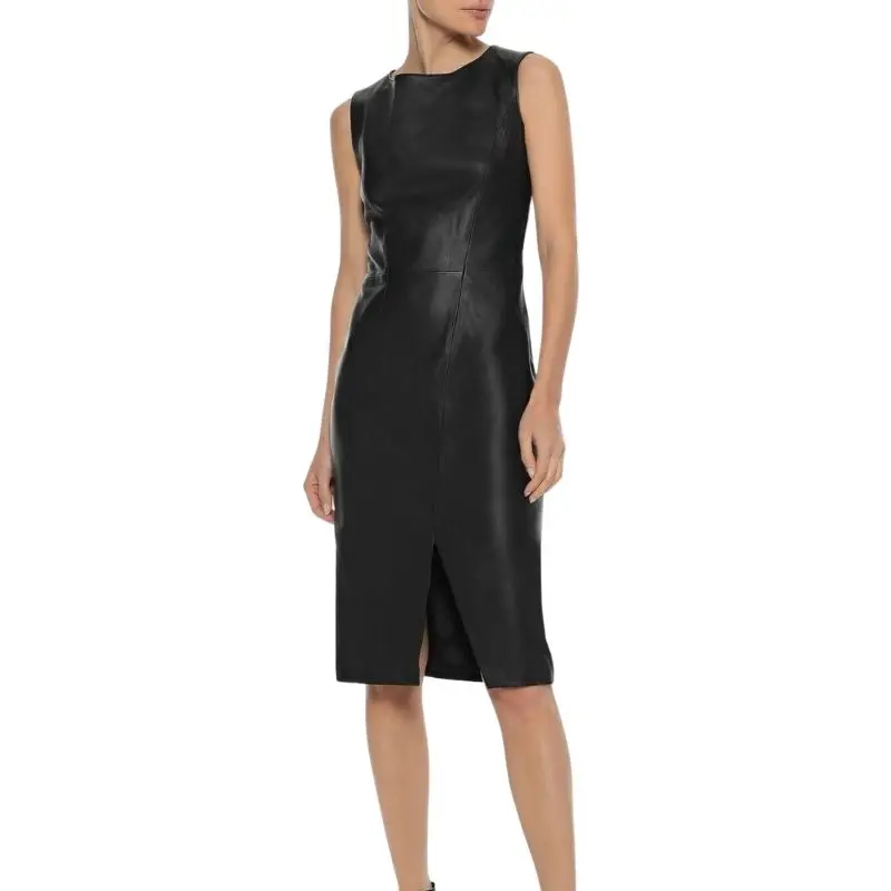 Women New Black Handmade Custom Dress 100% Genuine Lambskin Leather Dress