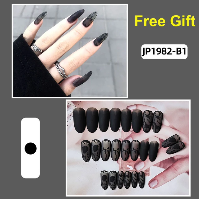 Uñas postizas acrílicas, 24 unids/set, puntas de cápsula, diseño de Rosa  Negra, kit de extensión de esmalte largo para halloween - AliExpress