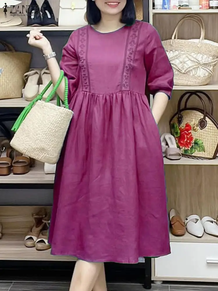 

ZANZEA Women Pleated Waist Sundress Solid Color Lace Patchwork 2024 Summer 3/4 Sleeve Midi Dress Casual Loose Vintage Vestidos