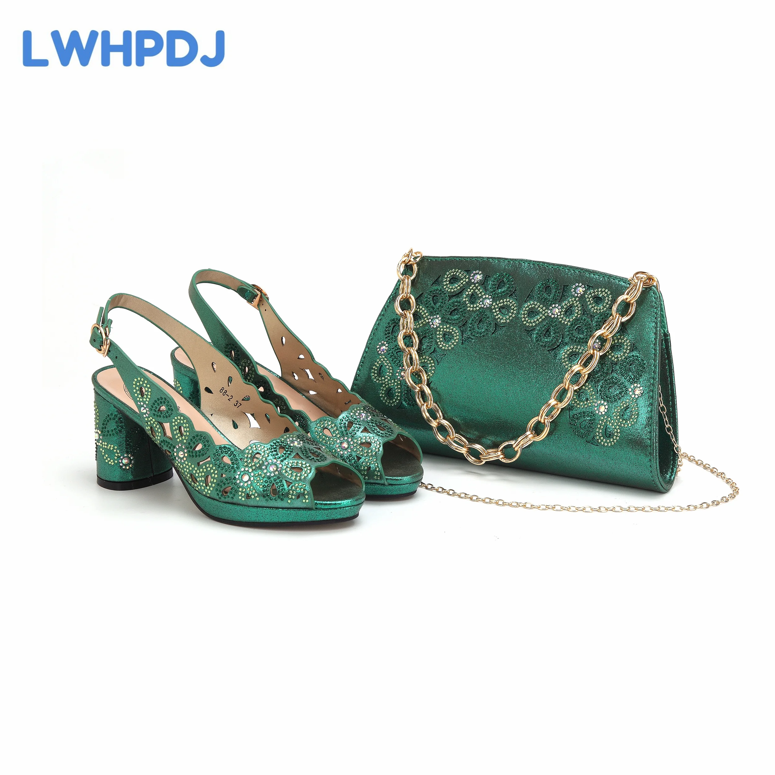 

2024 Newest INS Style Green Color Elegant High Heels Nigeria Popular Design African Ladies Shoes And Bag Set for Wedding Party