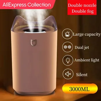 AliExpress Collection 대용량 듀얼 제트 가습기, 무화기 초음파 아로마 디퓨저, 쿨 미스트 메이커, 공기 가습기 청정기, 3000ml