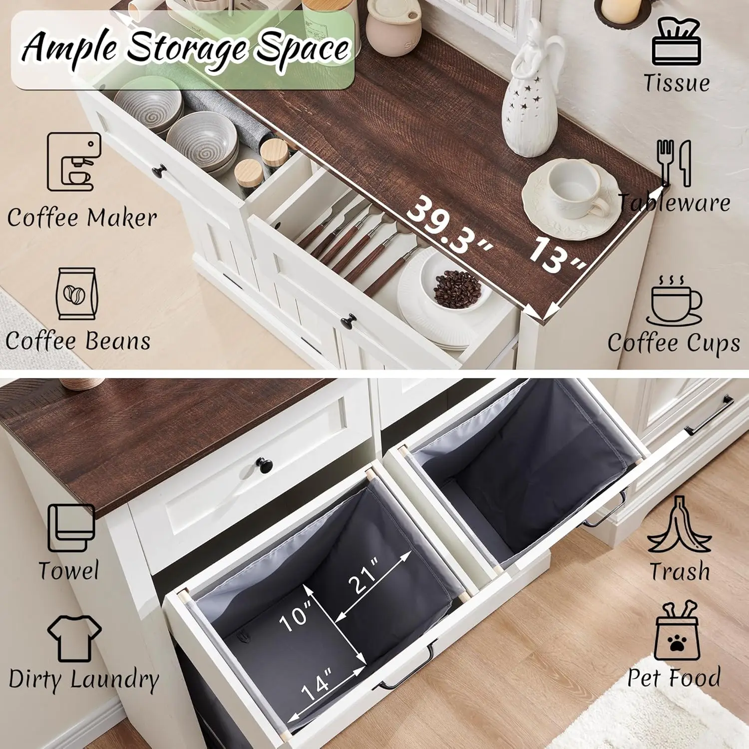 Description Picture 4 of itemDouble Tilt Out Laundry Hamper Cabinet, 20 Gallon Farmhouse Trash Can Cabinet with Drawer, Hidden Wood Garbage Can Bin Cabinet