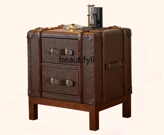 

French Style Chinese Style Bedside Table Solid Wood Wooden Ball Lockers Vintage Leather Case Coffee Table American Style