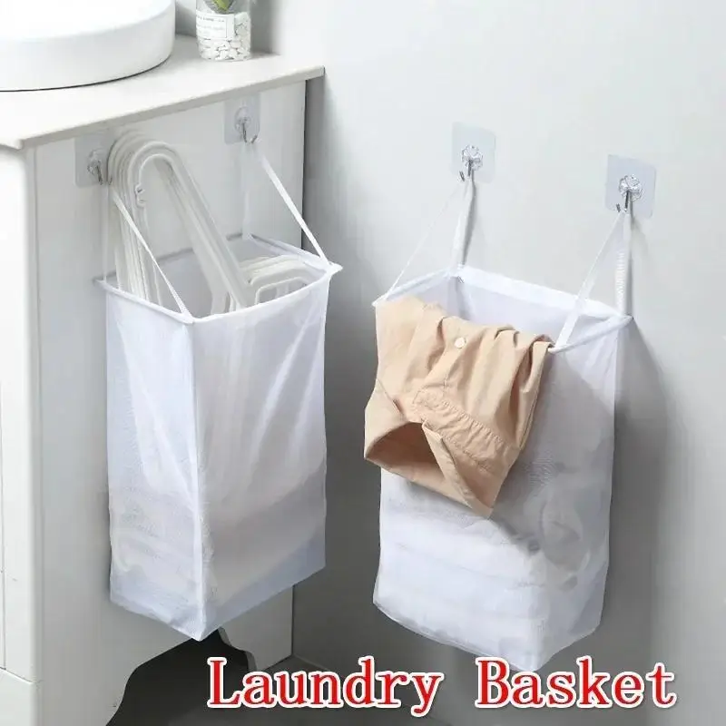 Home Foldable Multifunctional Wall Hanging Laundry Basket Washing Clothes Organizer Mesh Storage Punch Free Adhesive Hook