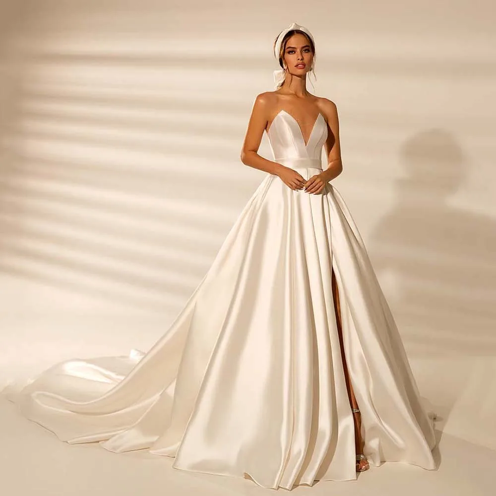 

Sexy Ivory Satin Wedding Dresses Sweetheart A Line Court Train Formal Bride Gowns Custom Made 2023 Front Slit Dress