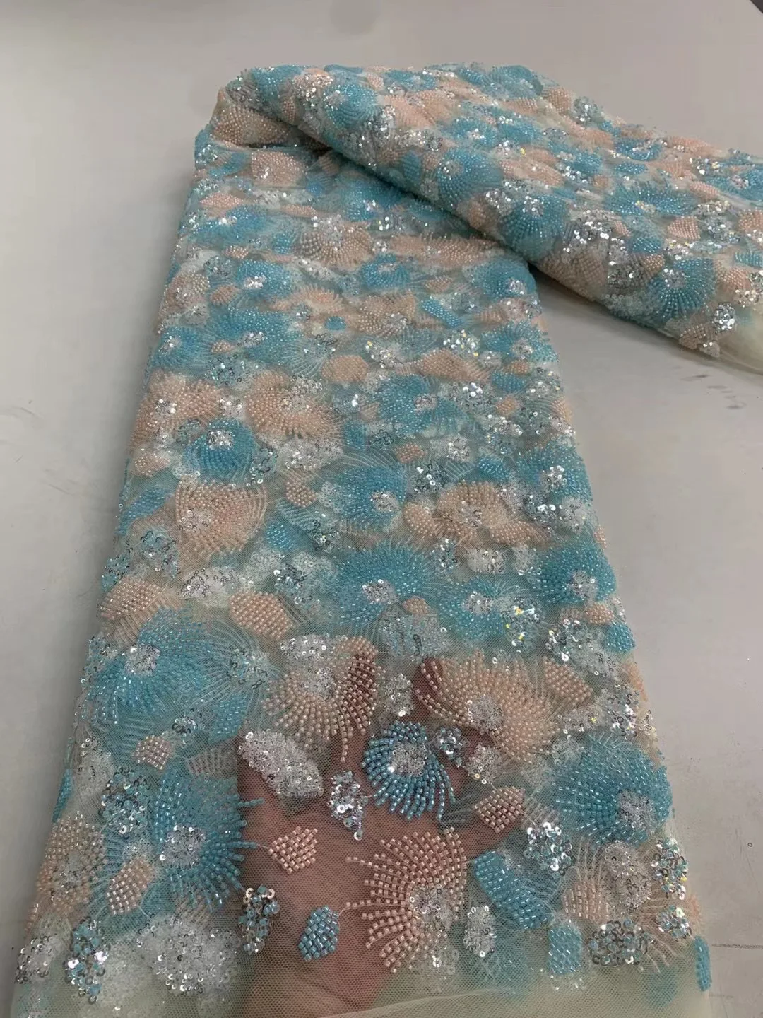 

Великолепная африканская роскошная кружевная ткань из тюля с бусинами, Высококачественная французская кружевная ткань ручной работы с вышивкой и блестками для свадебного платья Se
