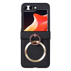 Elegant Diamond Ring Bracket Case with Magnetic Stand and Textured Finish for Zflip-4 (Black)