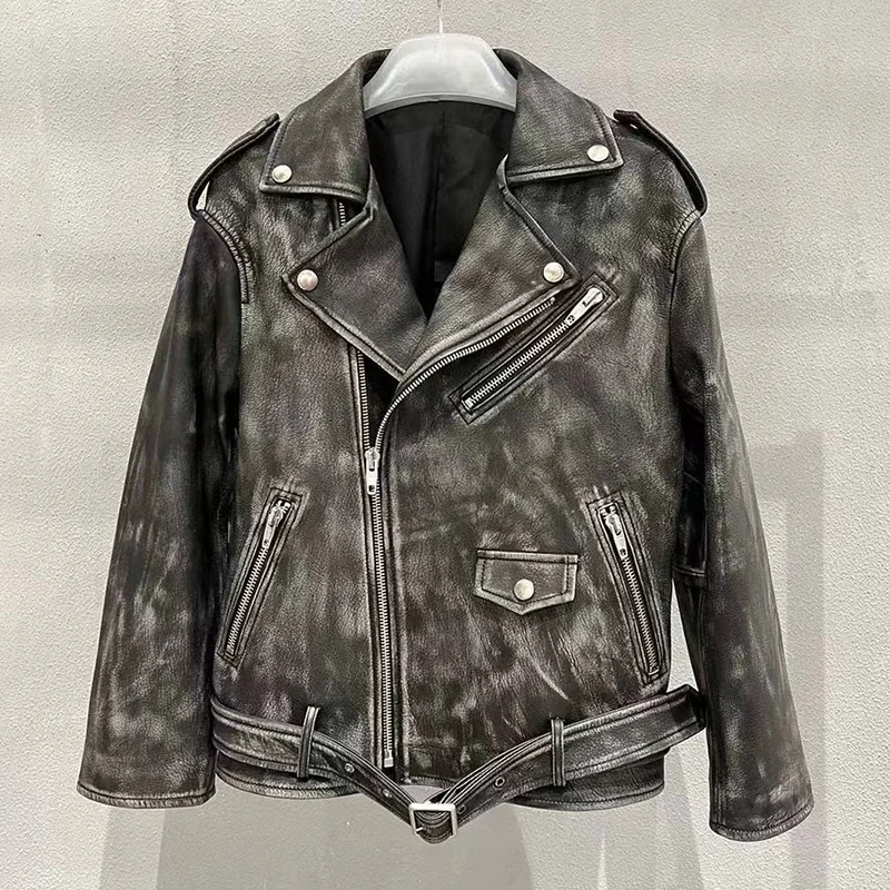 

WFAMH 2023 Women's New Fashion Jacket Real Sheepskin Leather Distress Moto Moto Jacket Vintage