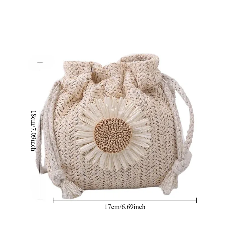 Straw Shoulder Bucket Bag with Flower Embroidery for Women
