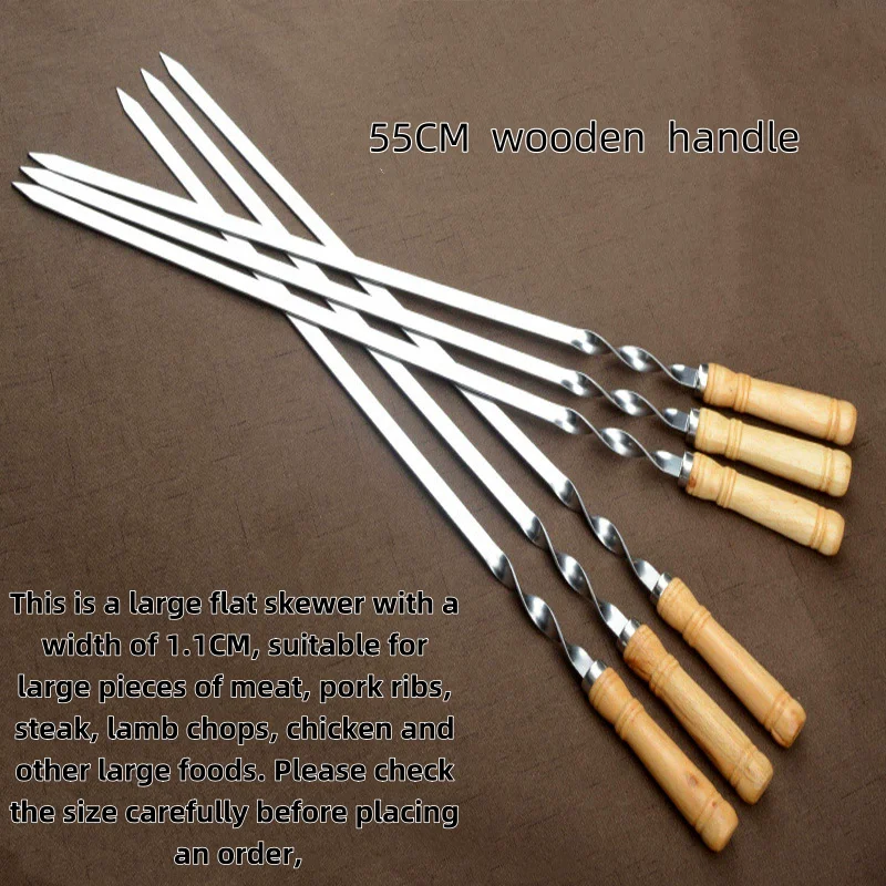 New 55 Cm Long Handle Shish Kebab BBQ Skewers Barbecue Grill Stick Wood BBQ Fork Stainless steel Outdoors Grill Needle