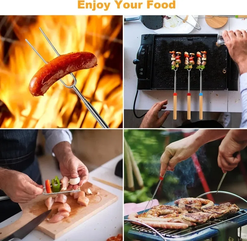 12 Forchette Da Barbecue Telescopiche In Acciaio Inox Con Manico In Legno – Spiedini Estensibili Da 32 A 82 Cm Per Griglia, Falò E Marshmallow – Set Con 100 Spiedini In Bambù - 2