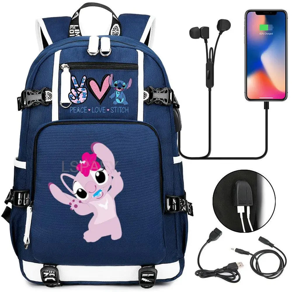 Anime Stitch Películas Mochila de carga USB Mochila escolar Primaria  Estudiante de secundaria Niños Niña Mochila de gran capacidad