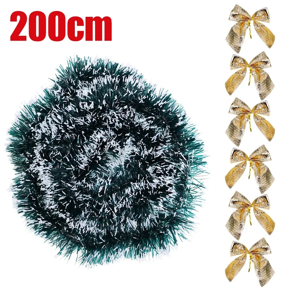 Guirnalda de cintas, serpentinas de caña de oropel, serpentinas de pino con lazos, guirnalda navideña verde escarchada, guirnalda colgante para árbol de Navidad, decoraciones para fiestas