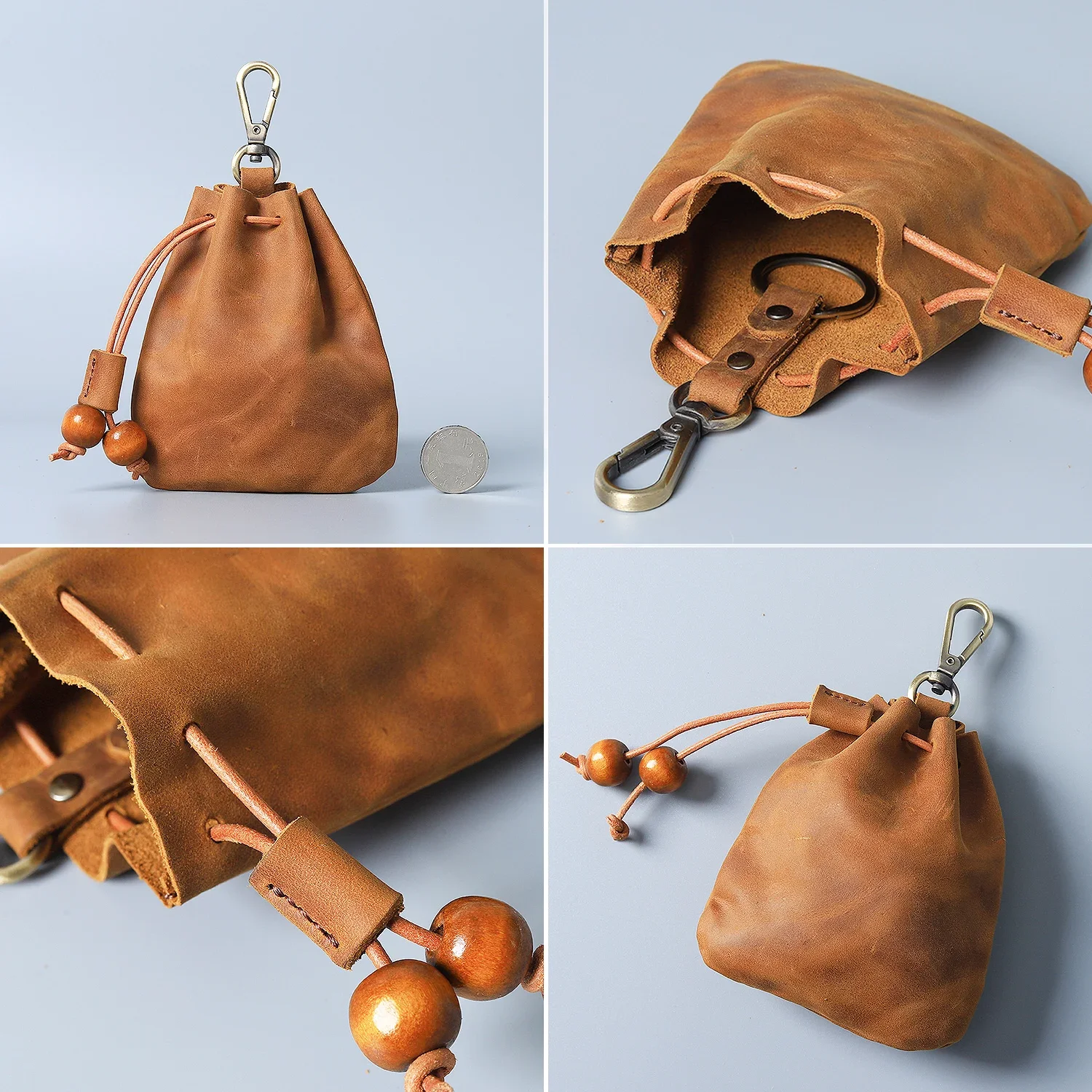Handmade Genuine Leather Unisex Coin Purse Portable Money Pocket With Metal Hook Retro Drawstring Wallet Storage Bag coin purse coin wallet