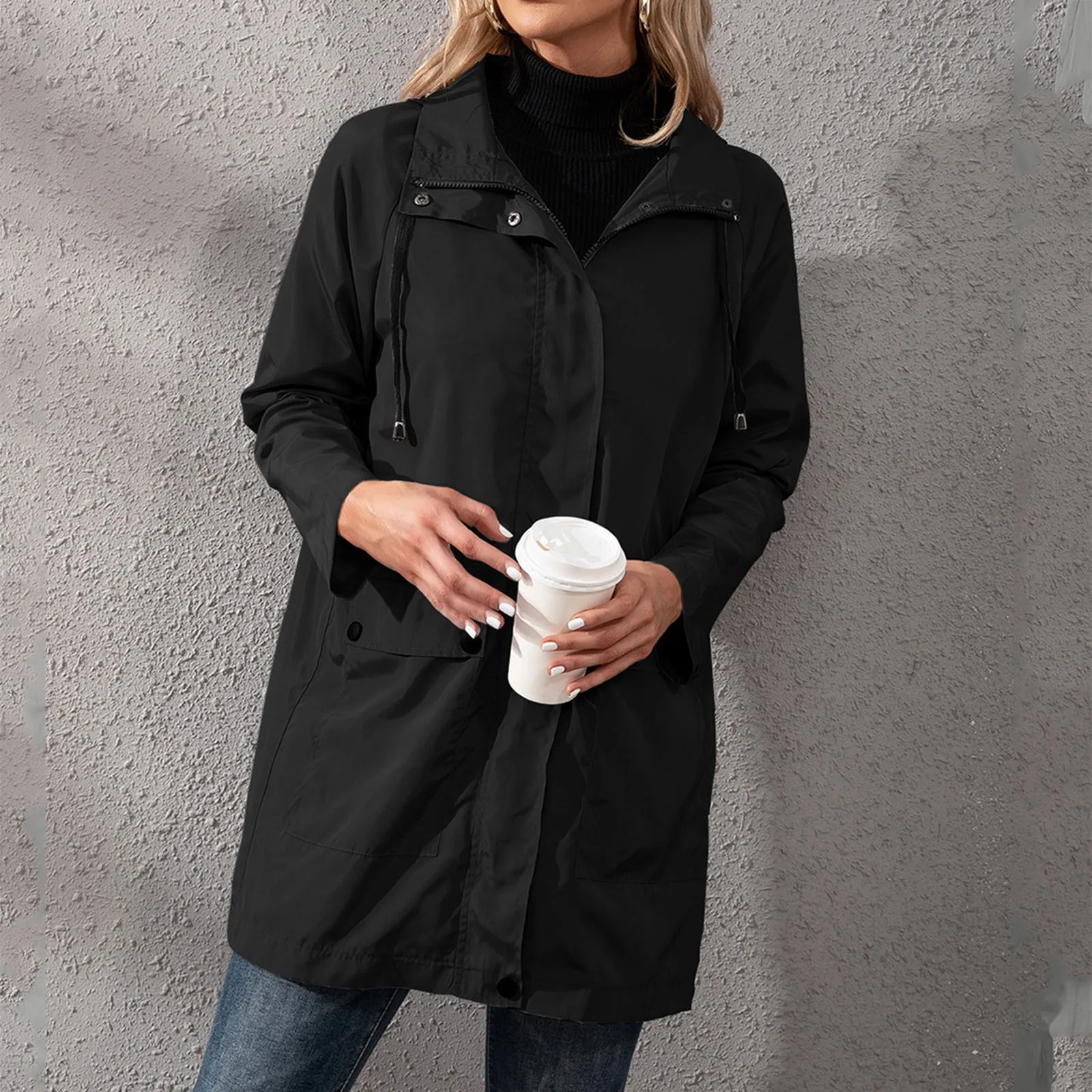 Fashion Women Hooded Trench Coat Casual Lady Waterproof Windproof Long Jacket Buttons Zipper Coats Female Long Sleeve Outerwear