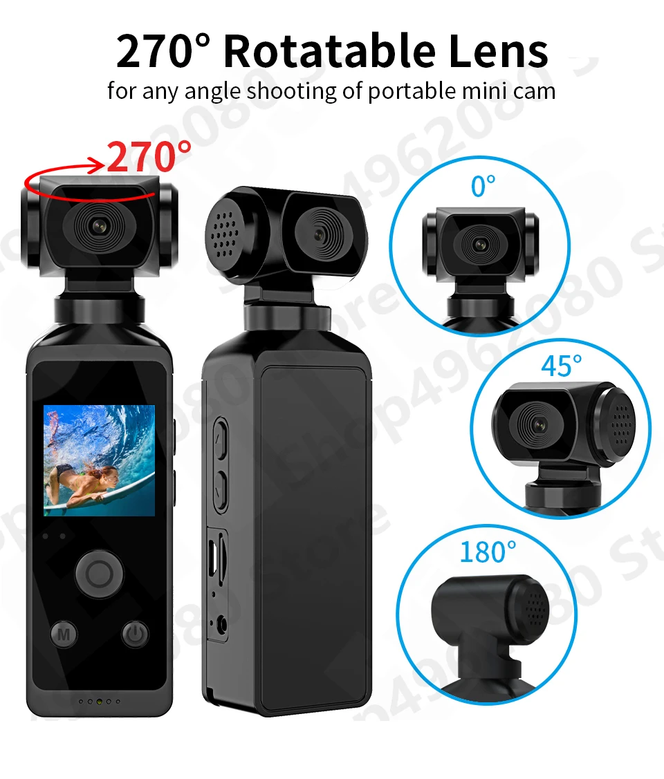 

4K HD Pocket Action Camera 270° Rotatable Mini Wifi Sports Camera with Waterproof Case for Helmet Travel Bicycle Driver Recorder