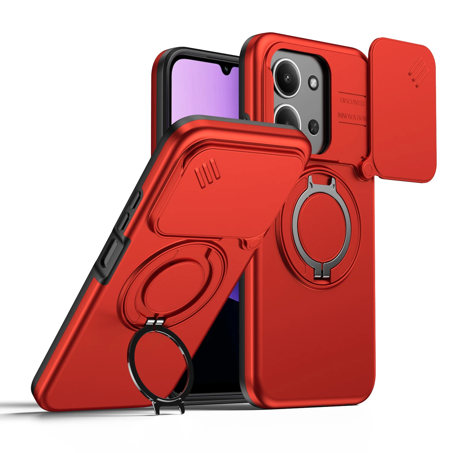 Shockproof Sliding Camera Cover Case with Metal Ring Stand and TPU Frame - Armor Series