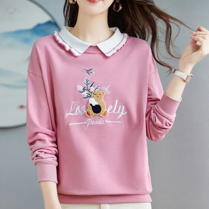 Spring Autumn Women's Pullover Round Neck Solid Letter Embroidered Animal Flocking Lantern Long Sleeve Hoodies Casual Tops