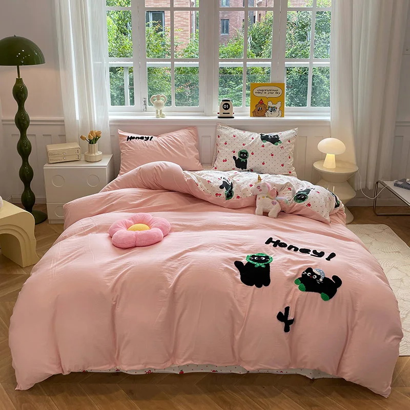 מצעים לחתולים חמודים למבוגרים ילדים עם מיטה בצבע ורוד יפה עם סט ציפית המלך