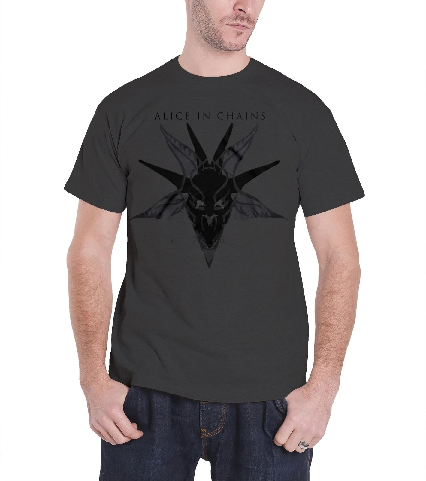 Alice In Chains T Shirt Black Skull Band Logo Mens Grigio Antracite