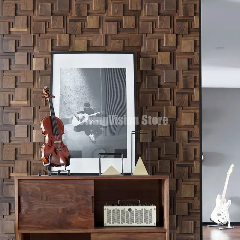

Black Walnut Solid Wood Sound-Absorbing Board Mosaic Tile Square Mosaic Sofa Background TV Wall Decorative Art