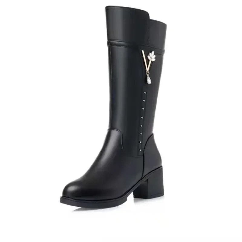 Women's Knee-High Boots Winter Short Plush Platform Round Toe Square Heel