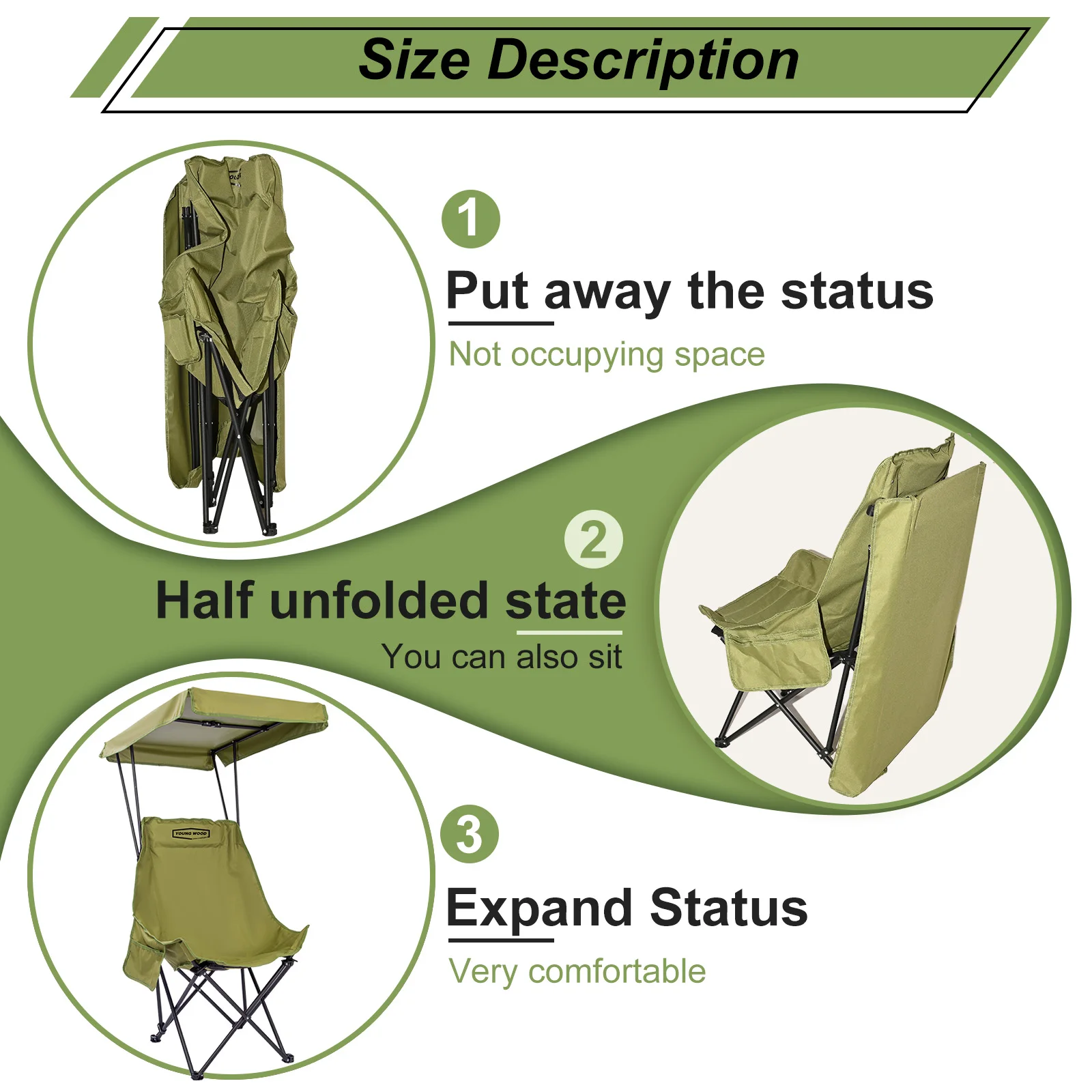 YOUNG WOOD ポータブル キャンプチェア ビーチチェア シェードキャノピー付き 折りたたみ軽量 特大 すべての人に適し 開閉が簡単 YOUNG WOOD ポータブル キャンプチェア ビーチチェア シェード