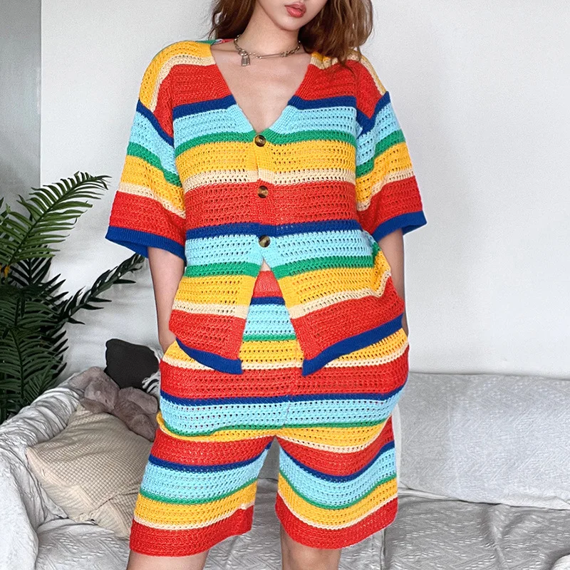 

Rainbow Colorful Patchwork Knitted Loose Two Piece Set Women V Neck Half Sleeve Buttons Tops High Waist Shorts Suit Streetwear