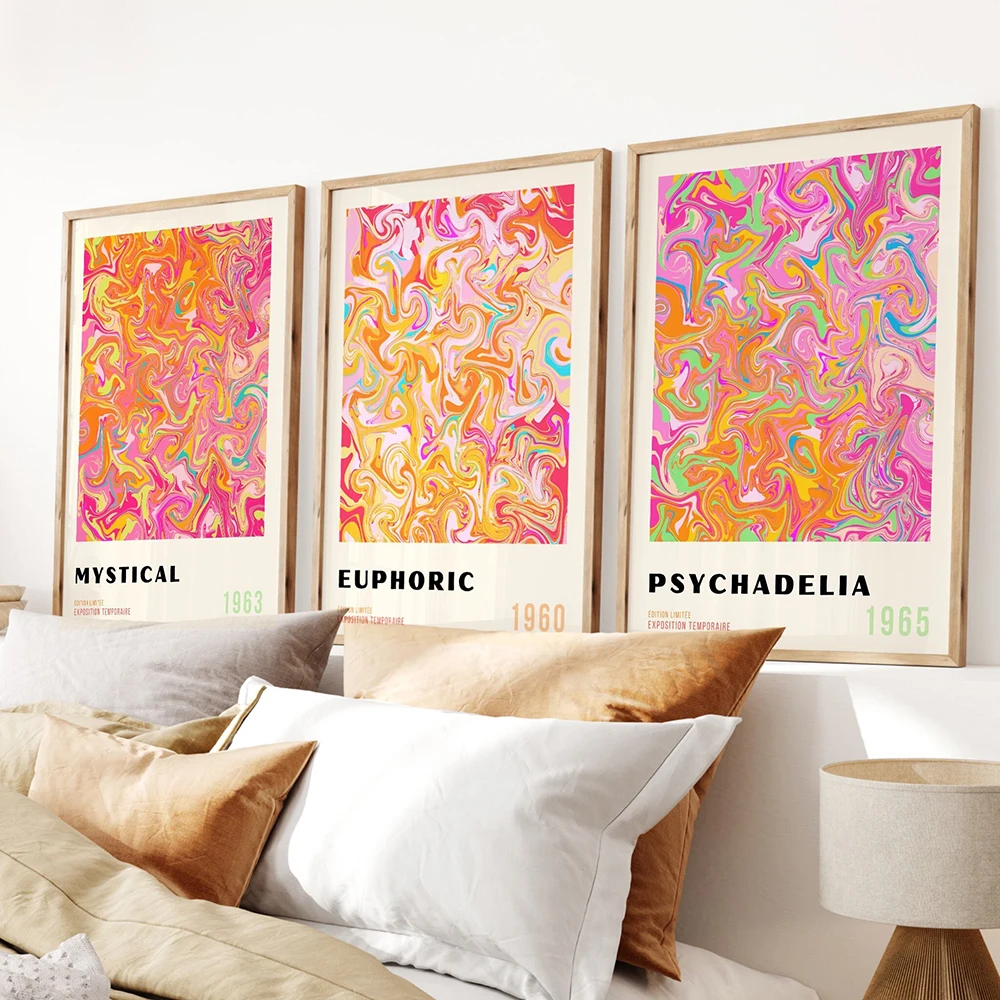 Оранжевая и розовая Модная ретро Настенная картина, эстетические принты, психоделические цветы, Картина на холсте для девушек, фотография