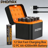 PHOMAX Rechargeable Lithium Battery AA 4200mWh High Capacity 1.5V Batteries 12-slot Charger For Mouse Remote Control Flashlight 2