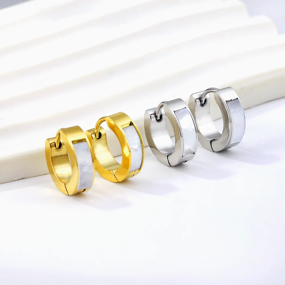 LUXUSTEEL 펑크 락 화이트 쉘 스테인리스 스틸 후프 귀걸이, 남녀공용, 금도금 실버 컬러, 원형 클립 귀걸이