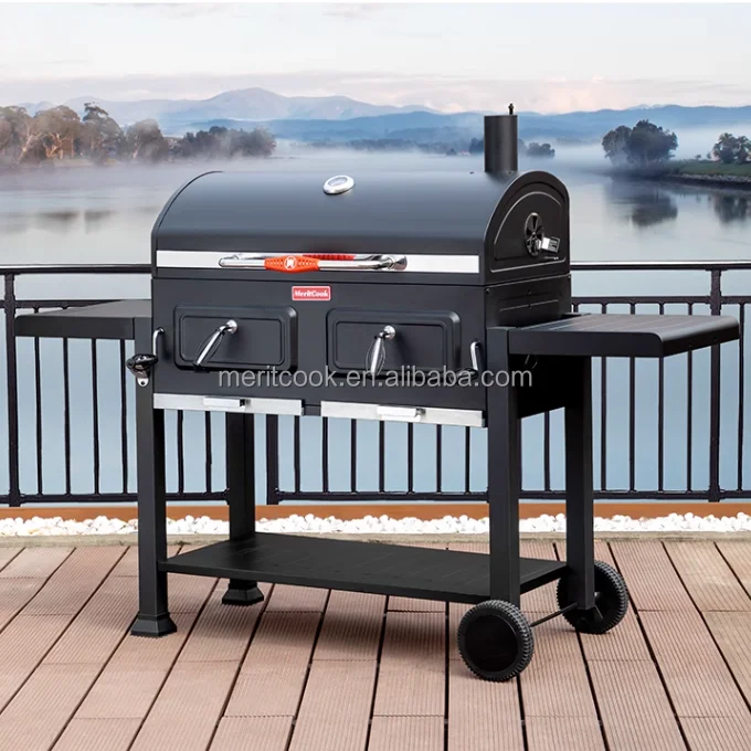 Upgraded SUS304 BBQ Grill Mesh Grid Outdoor Large Multi-function Trolley Smoker Charcoal BBQ Grill With Optional Rotisserie