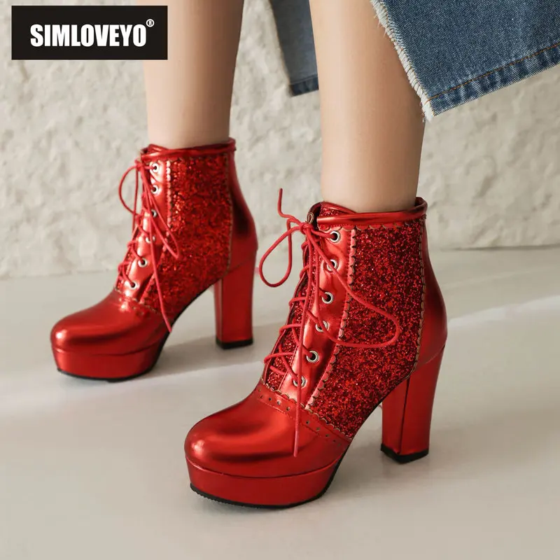 

SIMLOVEYO Fashion Women Ankle Boots Round Toe Block High Heels 9cm Platform 2cm Zipper Glitter Large Size 46 47 48 Party Booties