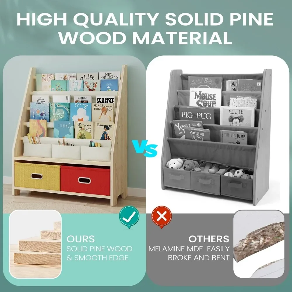 4 Tier Kids Book Shelf, Wooden Kids Book Rack Storage Bookshelf with Toy Storage Organizer,