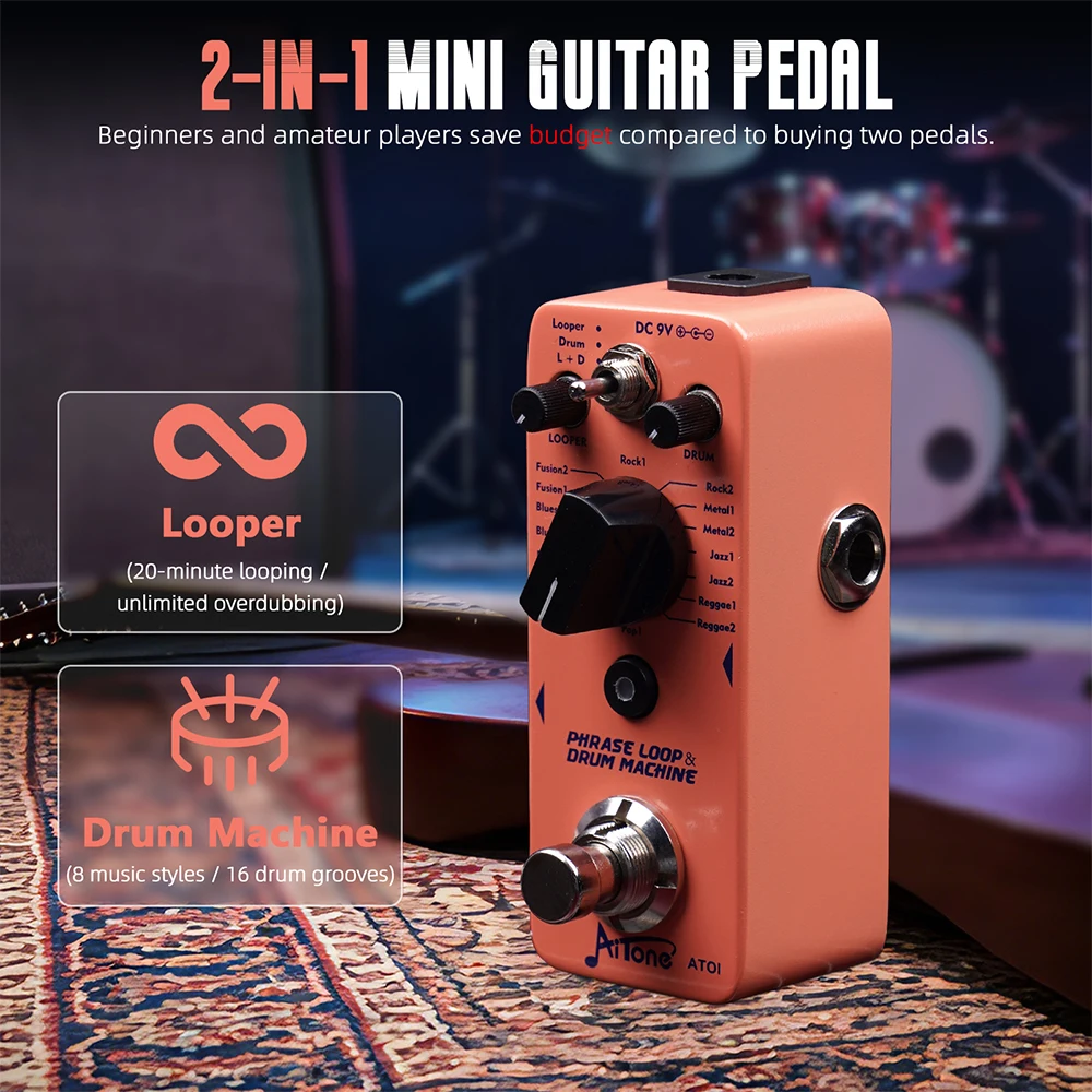 AITONE Series AT-01 Looper Pedal 8 Drum Styles 20 Minutes Looping Time Drum Mach