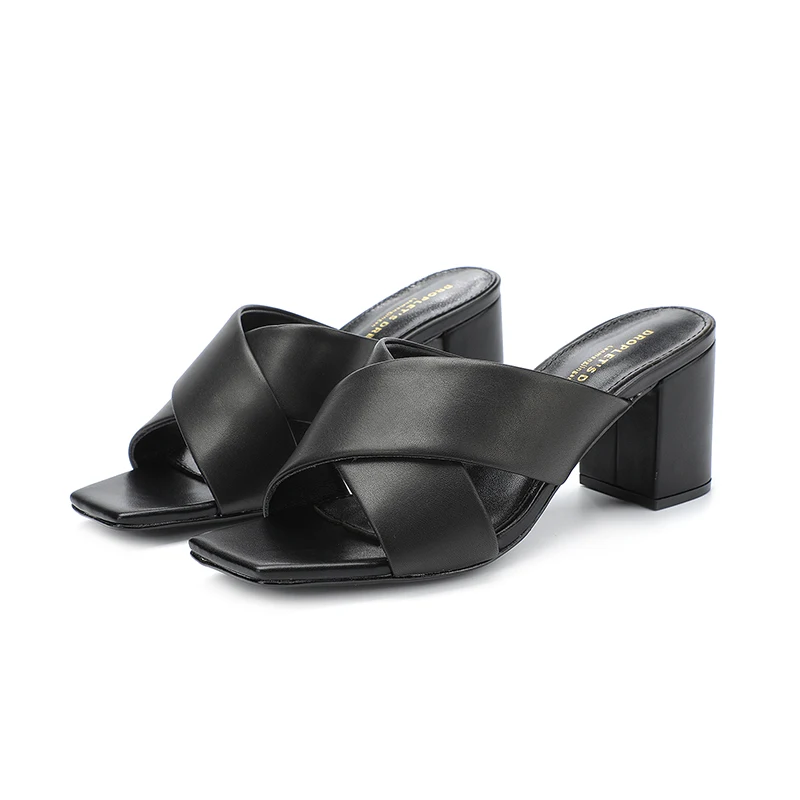 23 New High Heel Genuine Leather Slippers, Cowhide Upper, Sheepskin Inner Cross Belt, Fashion and Comfortable Thick Heel Sandals