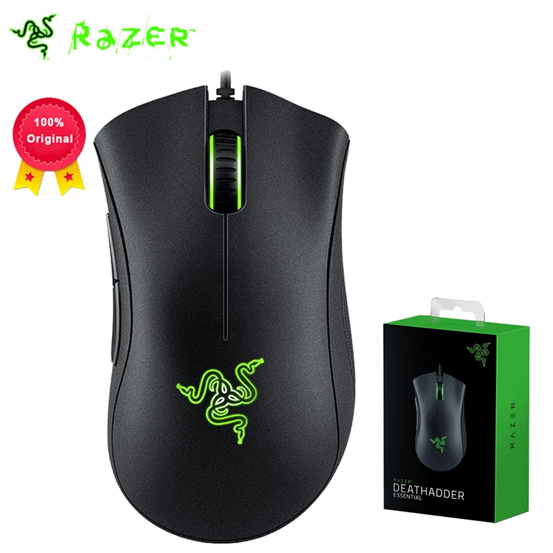 정품 Razer DeathAdder 필수 유선 게이밍 마우스, 컴퓨터 노트북용 인체공학적 전문가급 광학 센서, 6400DPI
