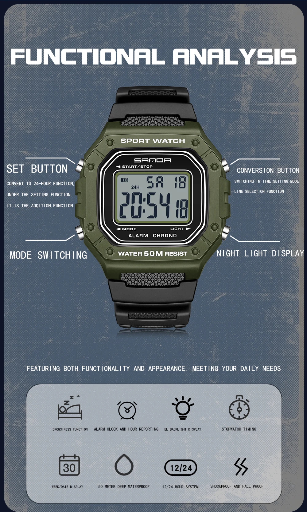SANDA 2156 Mens Electronic Watch 50M Water Resistant Outdoor Sport Watches Luminous Square Dial Led Digital Wristwatches for Man 3