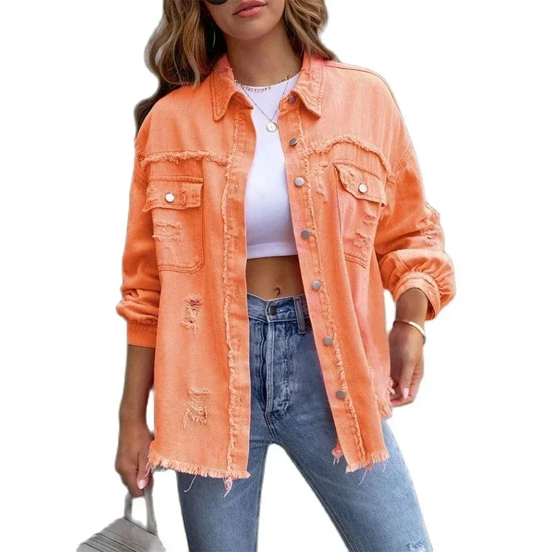 2024 new Europe and the United States wind long rough edge hole denim autumn and winter long sleeve casual lapel shirt