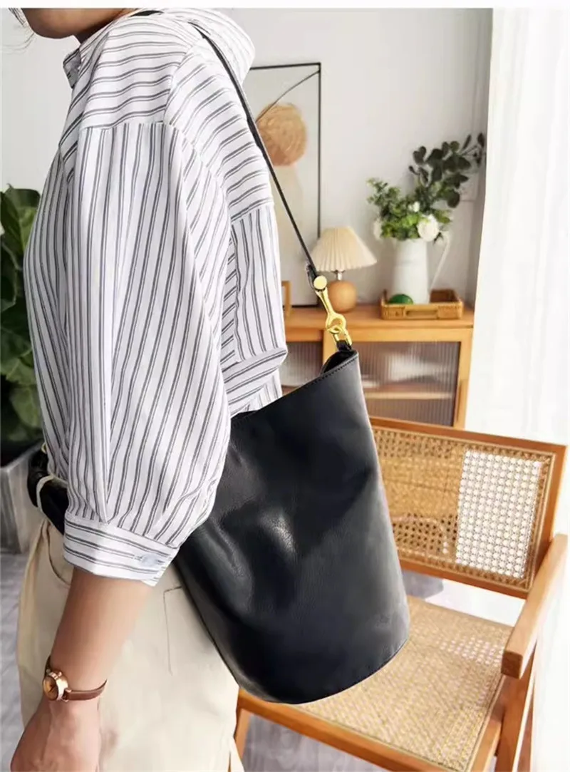 Einfache Vintage-Designer-Eimertasche aus echtem Leder für Damen, modische Party im Freien, natürliche erste Schicht Rindsleder, weibliche Umhängetasche – Detail 27