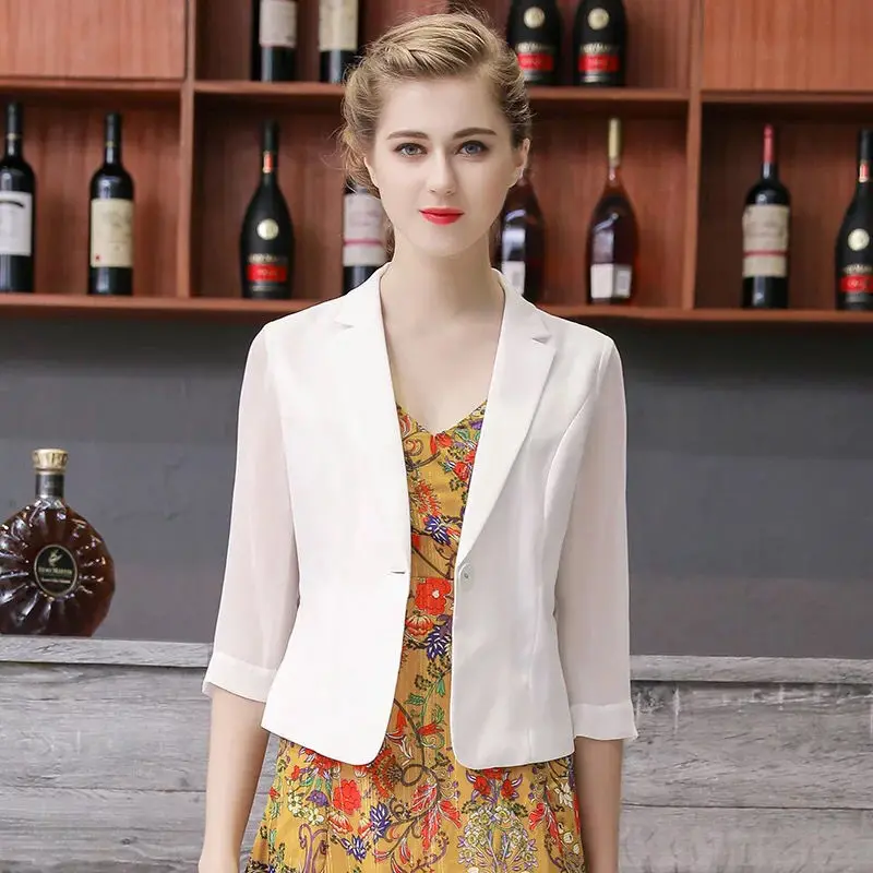 

Summer Thin Small Suit Jacket 2023 Lady Slim Single Button Blazer Women's Chiffon 3/4 Sleeve Casual Cotton and Linen Suit J267