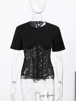 Mode dentelle florale os de poisson Patchwork chemises pour femmes 2026 printemps nouveau Chic à manches courtes col rond Blouse dame rue Y2K hauts 6