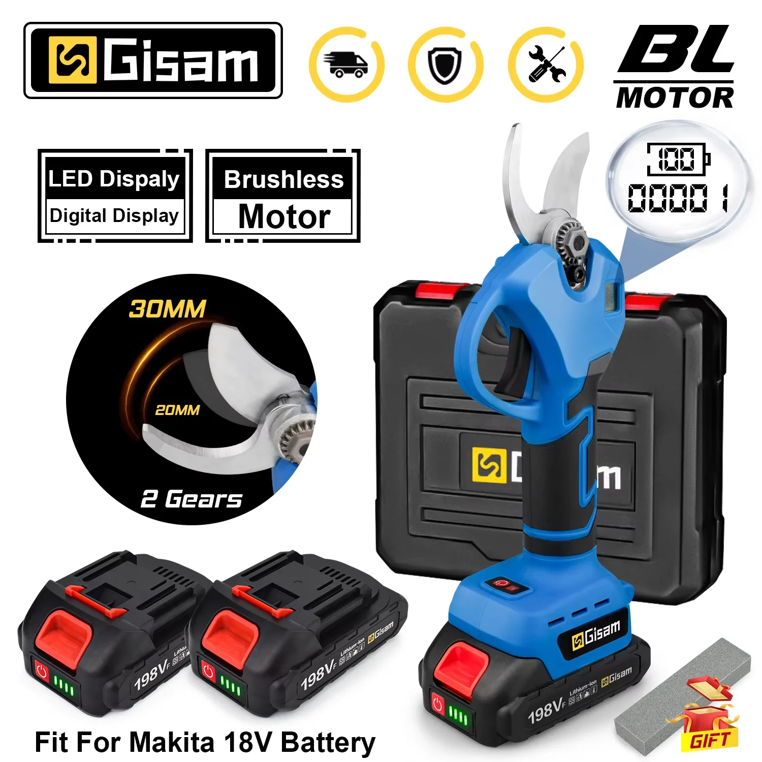 GISAM Tesoura de Poda Elétrica 30mm, motor brushless digital 2 velocidades, design sem fio, cortador eficiente de galhos de árvores frutíferas e bonsai, compatível com bateria Makita 18V