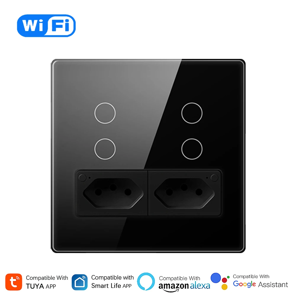 

Tuya WiFi Smart Light Switch 4x4 Brazil Wall Socket Plug 4 Gang Touch Panel Smartlife APP Control Works With Google Home Alexa