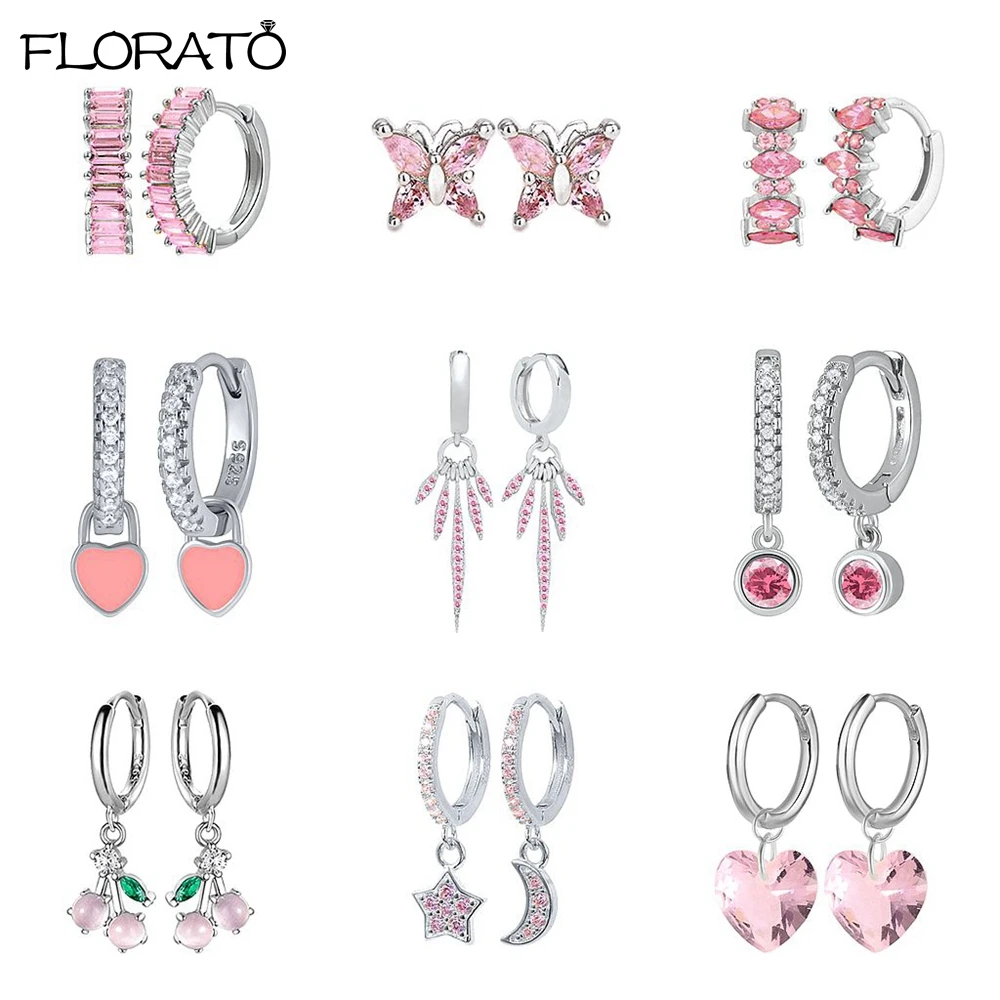 

Sweet Pink Crystal Zircon Silver Hoop Earrings for Women Cute Heart Drop Earrings for Girls Fashion Piercing Jewelry Gift