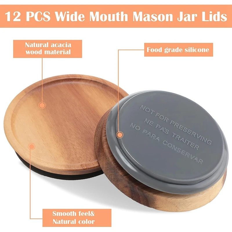 12Pcs 3.5 Inch Wide Mouth Mason Jar Lids Reusable Canning Lids Wooden Mason Jar With Airtight Silicone Seal