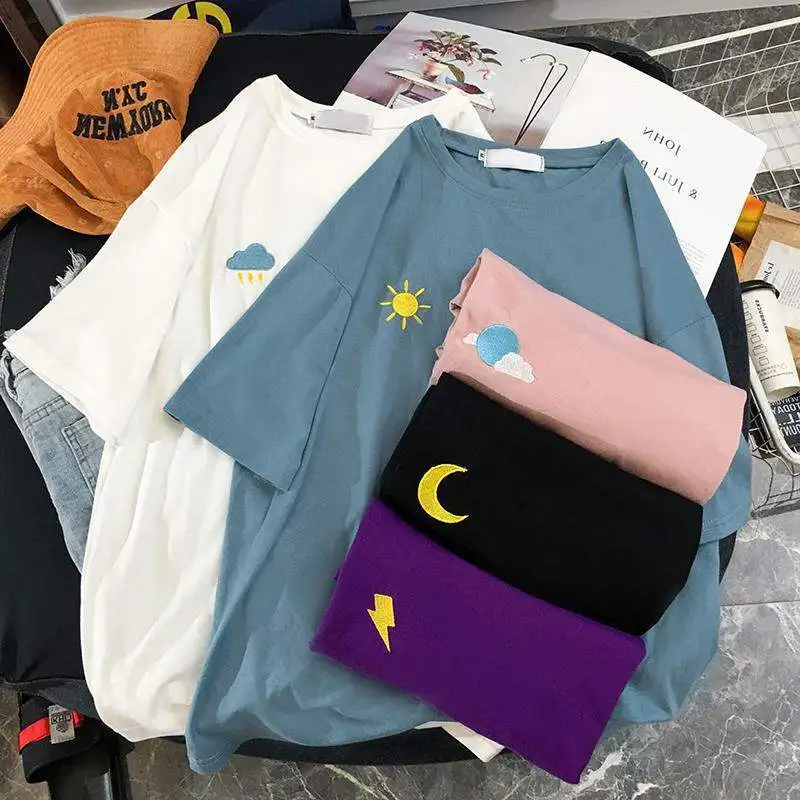 

Korean weather Embroidery Loose basic t shirt summer short Sleeve Simple T-shirts for Women harajuku Kawaii funny student tshirt