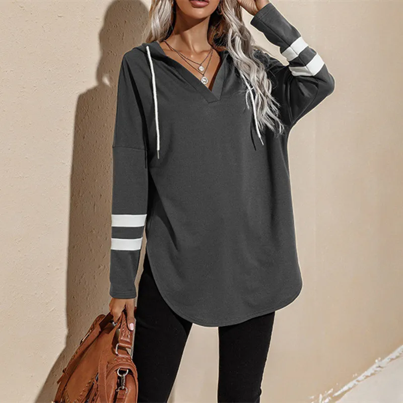 

Autumn and Winter Women's Pullover V-neck Mid Length Loose Panel Hooded Lace Up Sweater Fashion Casual Elegant Long Sleeve Tops