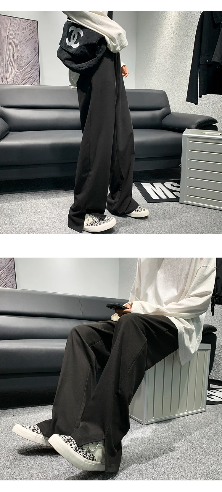 Description Picture 4 of itemSpring and Autumn Clothes New Self-made Mopping Pants Youth Popular Fashion Casual Straight Slit West Personality Men's Pants