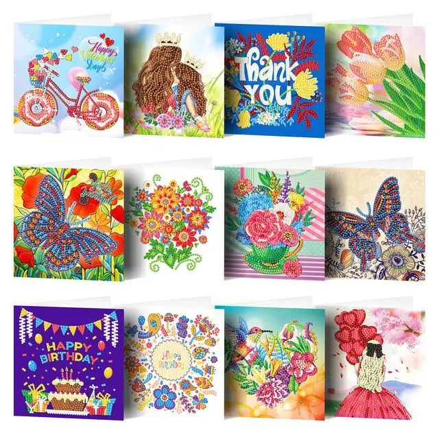 8 Pack 5D Diamond Painting Greeting Cards Hand Embroidered DIY Diamond Encrusted Wishes Greeting Cards Romantic Birthday Gifts 